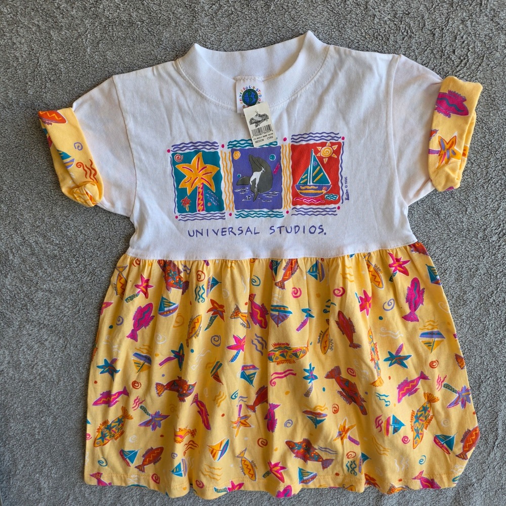 Vintage 1996 Universal Studios Youth Dress Medium Yellow Dolphin Fish Made USA